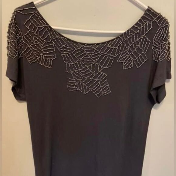 Forever 21 Gray Metallic Beaded Top Short Sleeve Embellished Blouse Medium - Picture 4 of 7